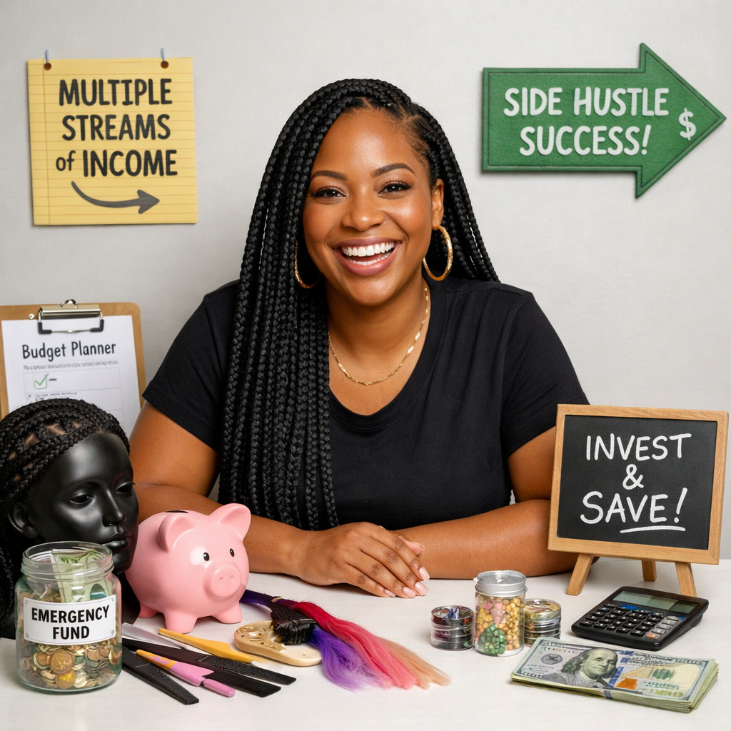 A black hair braider that is surrounded by money saving strategies and hair braiding tools and is smiling The image should convey excitement from all-Mar-26-2026-09-31-59-2605-PM
