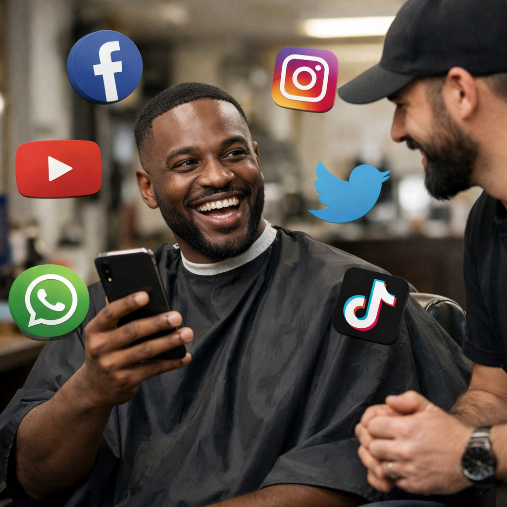 Photo of a black man smiling with social media brand logos hovering around him while he shows his phone to his barber The picture should convey is exc
